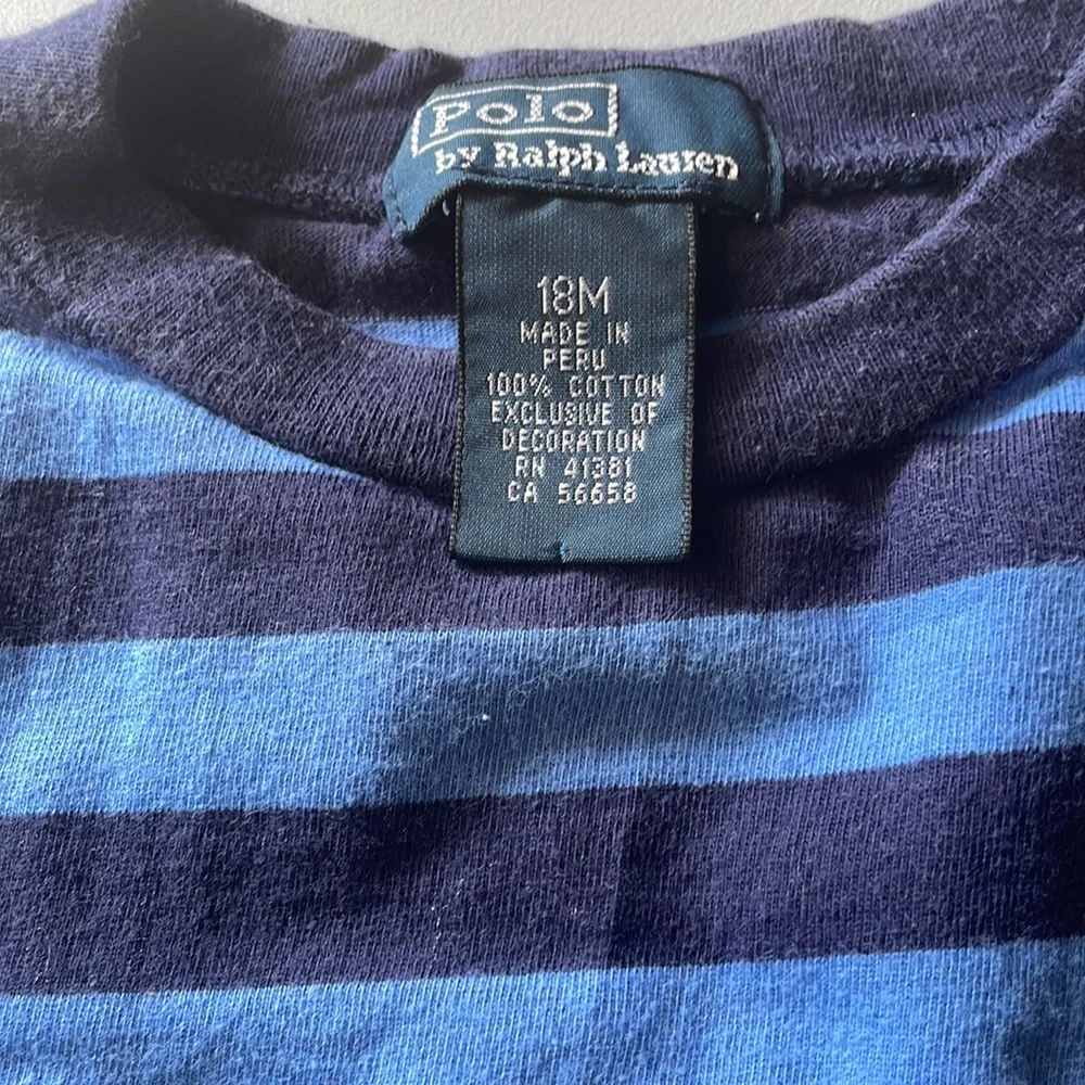 Ralph Lauren at 18 months,  dark and light, blue striped with yellow polo